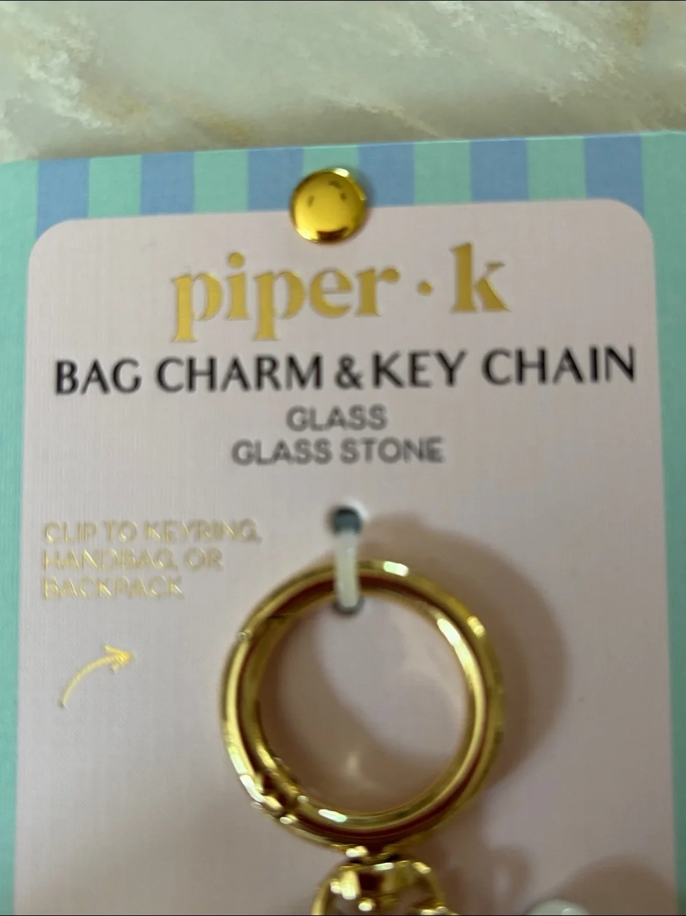 NWT Piper K Gold Tone Key & Bag Charm with Blue and White Porcelain Accents